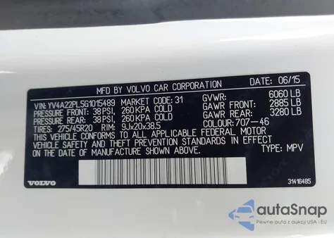 2016 Volvo Xc90 T6 Inscription из США, поврежденный, VIN YV4A22PL5G1015489